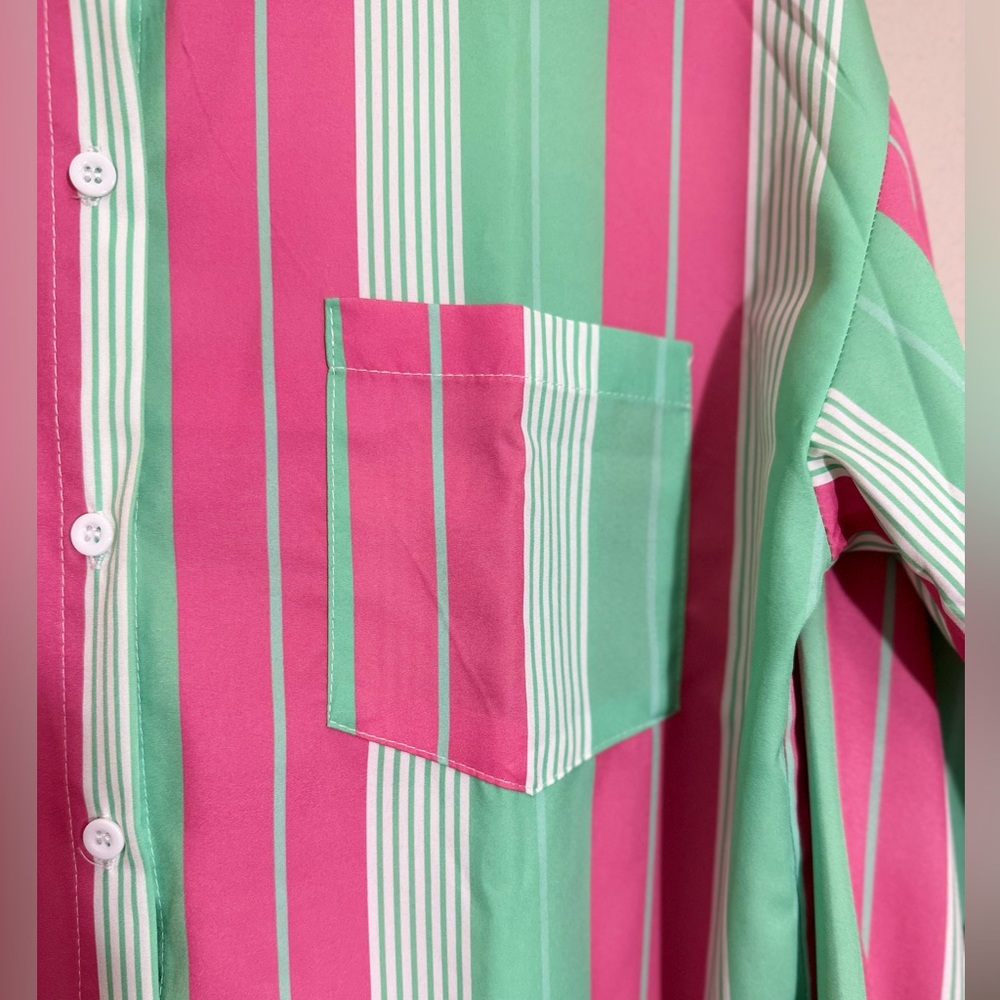 Oversized-Striped Drop Shoulder Button Up Blouse - image 3